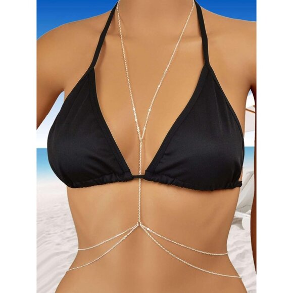 14K Gold Silver 1 Plated Body Chain Women Layered Rhinestone Bikini Bra Jewelry - Picture 2 of 7